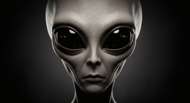 Extraterrestrial Encounter Alien Face Closeup on Dark.