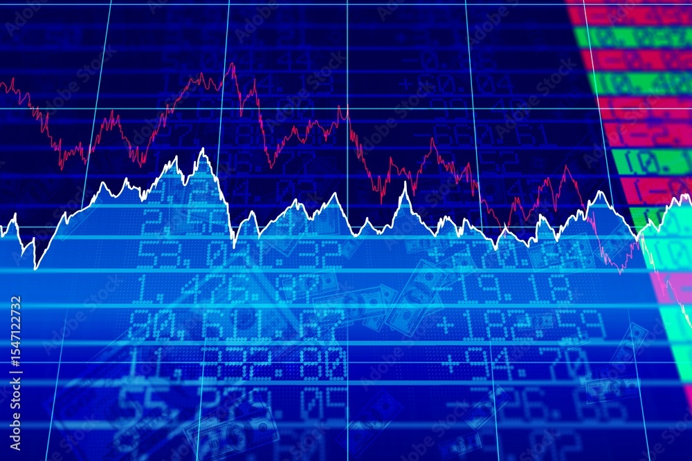 Poster flat financial chart is showing colored line graphs on blue grid with numerical tickers and columns