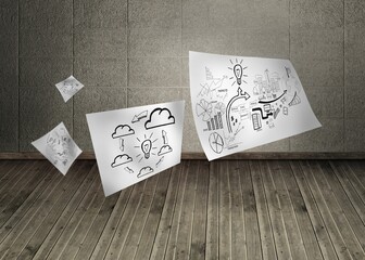Sheets with graphics in dark room