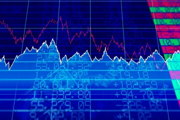 Flat financial chart is showing colored line graphs on blue grid with numerical tickers and columns