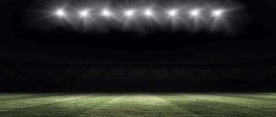 Bright overhead floodlights are illuminating empty grass pitch in flat design stadium at night