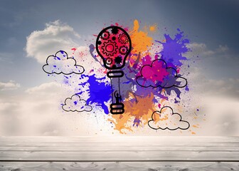 Hot air balloon on splashes in sky