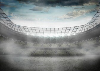 Flat design stadium is showing field with tiered seating under floodlights through cloudy sky