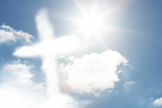 Naklejki Cross-shaped cloud formation is appearing in flat design sky, with bright sun and cumulus clouds