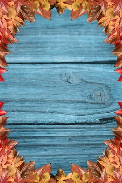 Fototapeta Wooden plank surface is featuring rustic flat design with autumn leaf border in muted blue