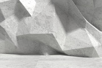 3D render showing sculpted faceted concrete wall extending across smooth floor under soft lighting