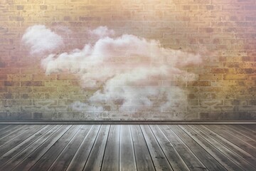 Flat design studio is showing weathered brick wall with white cloud-shaped paint and wooden floor
