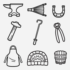 set of blacksmith equipment with outline style good for icon, symbol, element design, coloring book, coloring page, etc