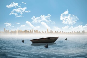 Sharks circling a small boat in the sea
