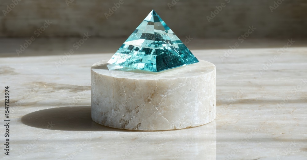 Poster blue crystal pyramid rests upon cylindrical stone base. light reflects, creating sharp lines, shadow