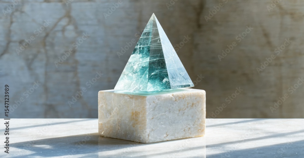 Poster pyramid rests upon square base. light reflects, creating shadows. minimalist composition, neutral to