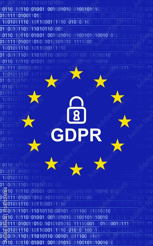 Poster flat graphic is showing padlock icon above gdpr text with eu stars on blue binary code