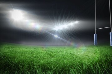 Floodlights are illuminating grassy pitch under night sky with rugby goalposts in flat design