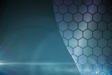 Curved hexagonal mesh surface is being shown in gradient design with light streak and lens flare
