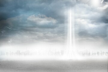 City on the horizon with light beam