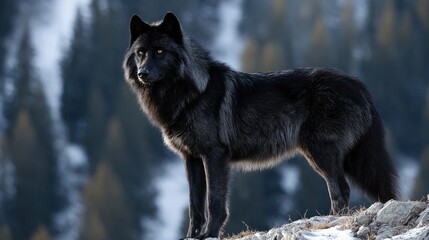 Fototapeta premium A black wolf stands tall on a rocky outcrop.