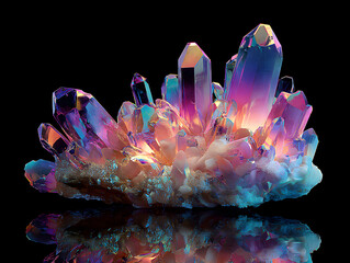 Iridescent Aura Quartz Crystal Cluster Display with Reflection on Black