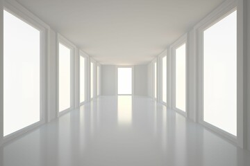 Obraz premium Flat design corridor is showcasing glossy white floor; windows are lining sides toward tall doorway