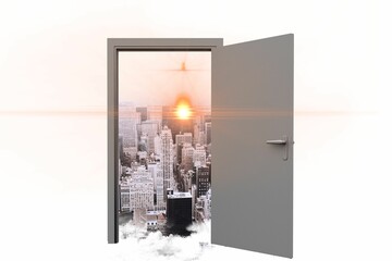 Open door with cityscape and sunlight