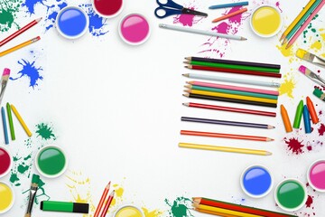 Obraz premium Flat illustration is showing paint cups and color pencils bordering blank sheet on desk, copy space