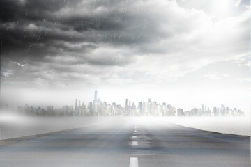 Flat design showing road over water toward foggy city skyline with storm clouds, rain and lightning