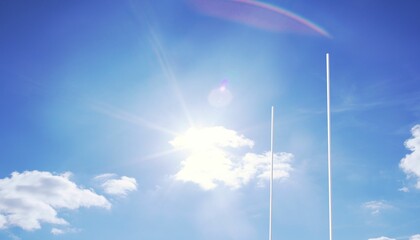 Two white goal posts are rising into flat design sky with sun lens flare behind cloud