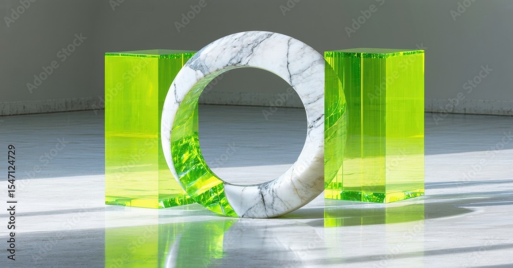Aufkleber Marble torus rests between luminous green rectangular prisms. Reflective floor enhances visual impact, creating modern aesthetic.