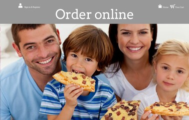 Family of four is sitting together eating pizza slices in flat design with grey header bar