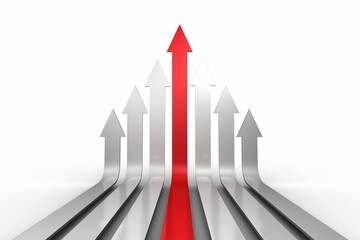 Naklejka na ściany i meble Red arrow pointing up with grey arrows