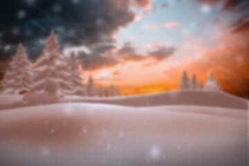 Flat design scene is showing snowdrifts framing glowing sunset sky with pine trees, falling flakes