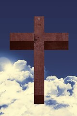 Wooden cross standing against deep blue sky with shining sunlight and glowing clouds in flat design