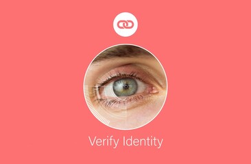 Flat design showing coral red background with chain icon, eye scanning frame, Verify Identity text