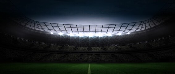 Obraz premium Flat design stadium is showing floodlit grass pitch center line under curved roof and seating tiers