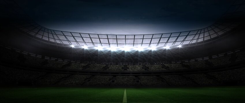 Flat design stadium is showing floodlit grass pitch center line under curved roof and seating tiers - Powered by Adobe