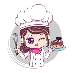 Happy cute and kawaii female chef or baker cartoon manga chibi vector character design