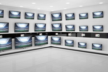 Flat design showroom is showcasing flat-panel TVs displaying stadium scene with price tags