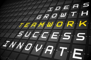 Teamwork buzzwords on black mechanical board
