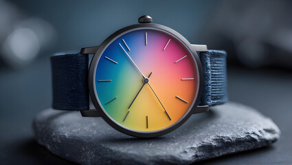 A Modern Wristwatch with a Rainbow Dial Resting on a Slate Surface in Dhaka's Ambient Light
