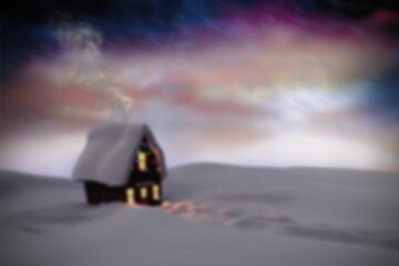 Wooden cabin is being shown in flat design under twilight sky with smoking chimney and footprints