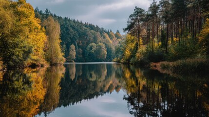 A Calm Lake In The Forest During The Fall Season