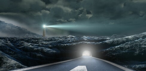 Paved road with arrow is stretching toward glowing tunnel in flat design with lighthouse beam
