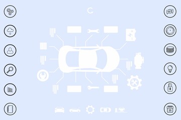 White car schematic is being shown in flat dashboard interface with component callouts and UI icons
