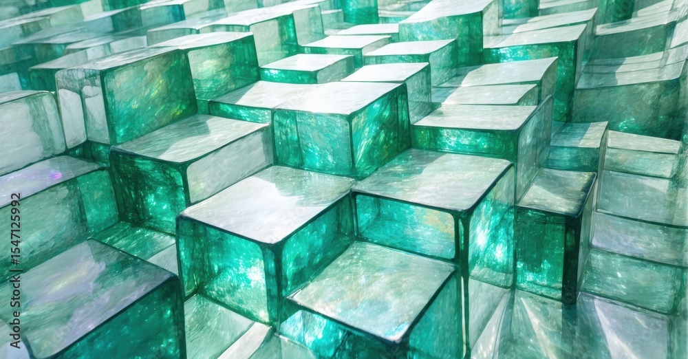 Poster Abstract cubical structures, teal hues, layered composition. Light reflects, creating depth, texture, visual complexity.