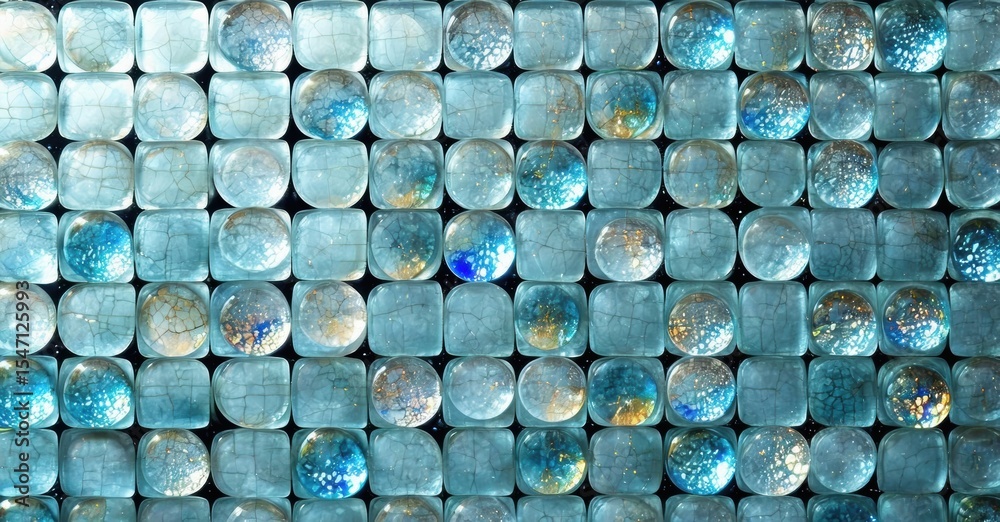 Poster blue glass tiles create mosaic pattern. light shines through, revealing internal cracks, textures. d