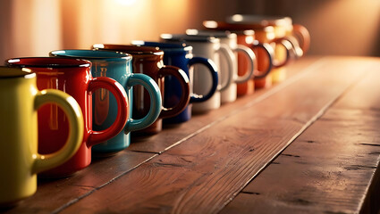 A row of colorful ceramic mugs in various shades