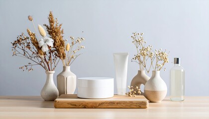 Decoración interior minimalista con jarrones blancos y flores secas sobre fondo claro, composición serena y armónica, ideal para escenas de hogar, diseño de interiores o estilo de vida escandinavo