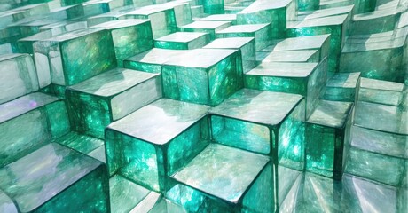 Abstract cubical structures, teal hues, layered composition. Light reflects, creating depth, texture, visual complexity.