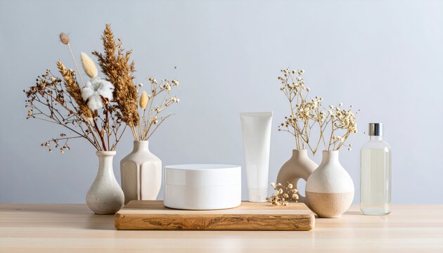 Decoraci&oacute;n interior minimalista con jarrones blancos y flores secas sobre fondo claro, composici&oacute;n serena y arm&oacute;nica, ideal para escenas de hogar, dise&ntilde;o de interiores o estilo de vida escandinavo