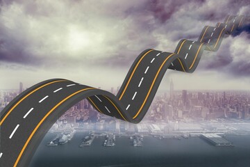 Twisting dashed highway segment is floating above harbor piers and skyline in surreal illustration