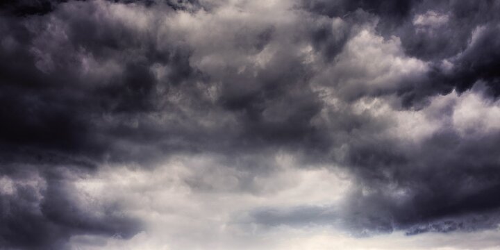 Fototapeta Storm clouds are filling open outdoor sky in flat design illustration, showing dense gray layers